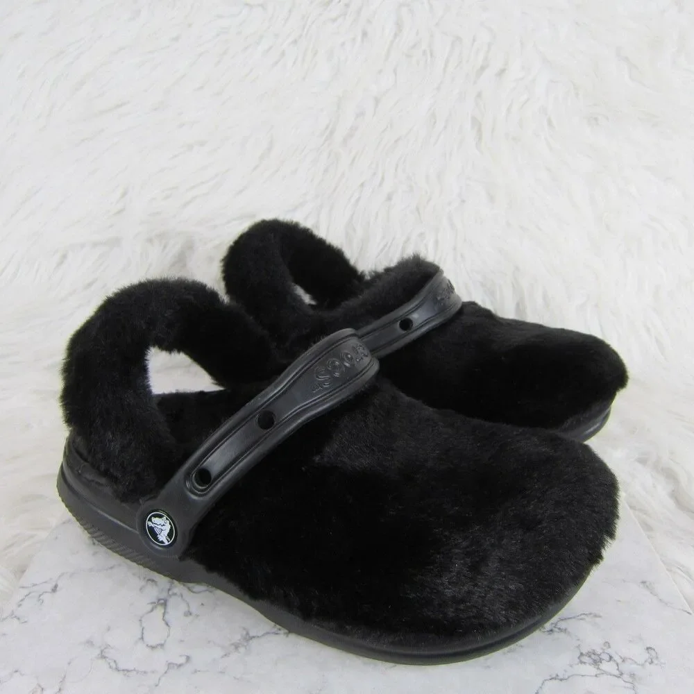 Crocs Classic Fur Sure Clogs Shoes Black Women's Size 6